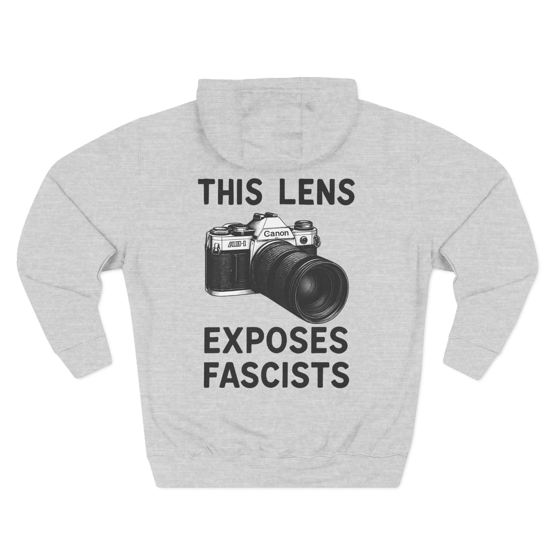 “This Lens Exposes Fascists” Hoodie – Heather Gray
